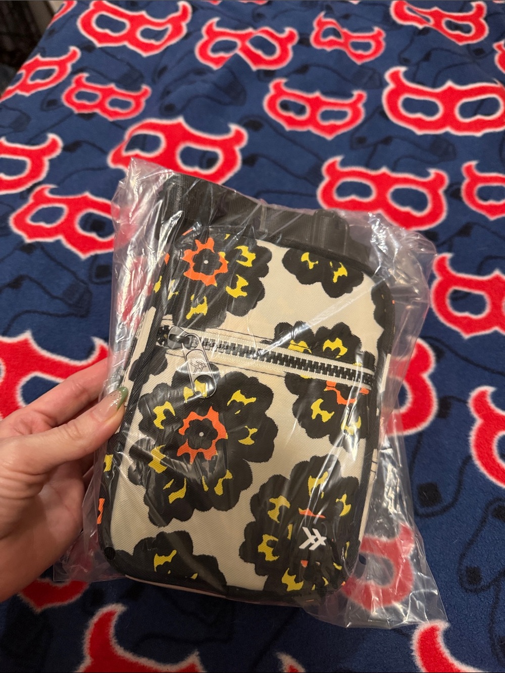Floral Crossbody Pouch in Black and Cream with Yellow & Orange Accents